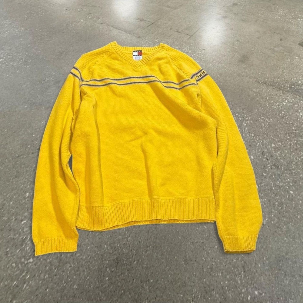 Tommy Hilfiger Jeans Mens Yellow V-Neck Sweater Blue Stripes Cotton Wool Large